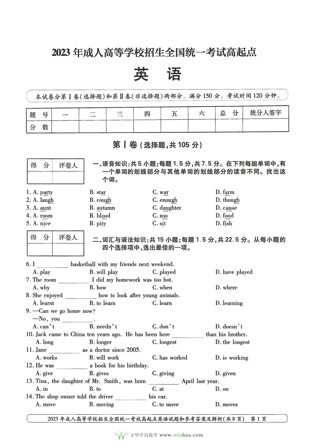 2023年成人高考高升专英语试卷真题及参考答案(图1)